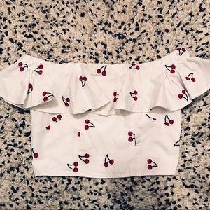 Topshop Cherry Print Off The Shoulder Crop Top